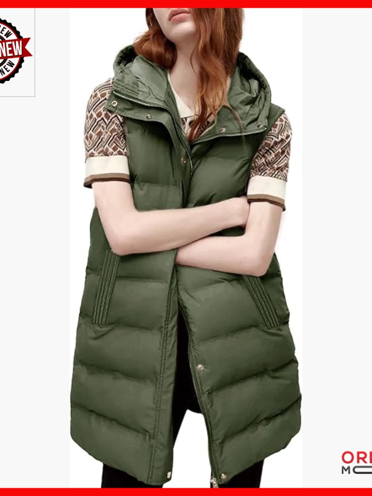 Long Hooded Puffer Vest Sleeveless Quilted Outerwear Medium Weight Nylon